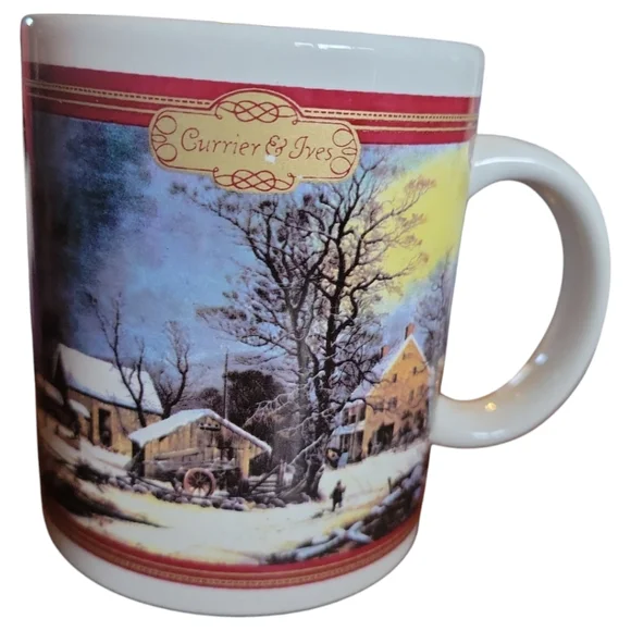 Vtg 97 Currier & Ives HF Coffee Tea Mug Cup Winter Country Cold Morning - Picture 1 of 6
